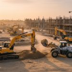 Современная строительная площадка с экскаватором SANY и погрузчиком XCMG на рассвете