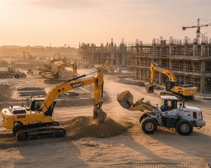 Современная строительная площадка с экскаватором SANY и погрузчиком XCMG на рассвете