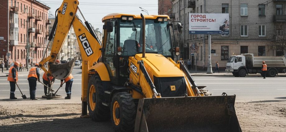 Строительная площадка с новым экскаватором-погрузчиком JCB 3CX на городских коммунальных работах