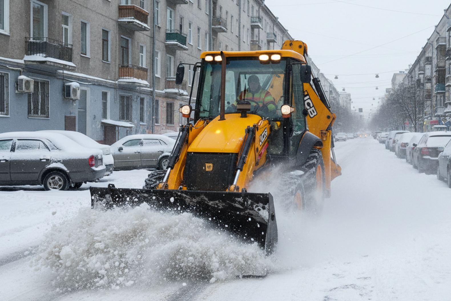 JCB 3CX очищает снег на городской улице зимой во время коммунальных работ