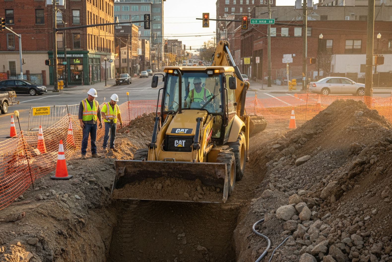 Работа экскаватора-погрузчика CAT 432F при прокладке коммунальных труб в городских условиях