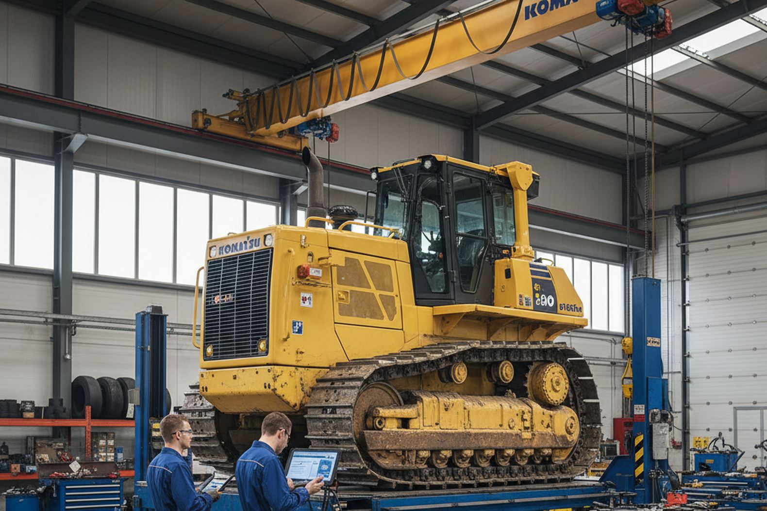 Работа механиков в сервисном центре с бульдозером Komatsu