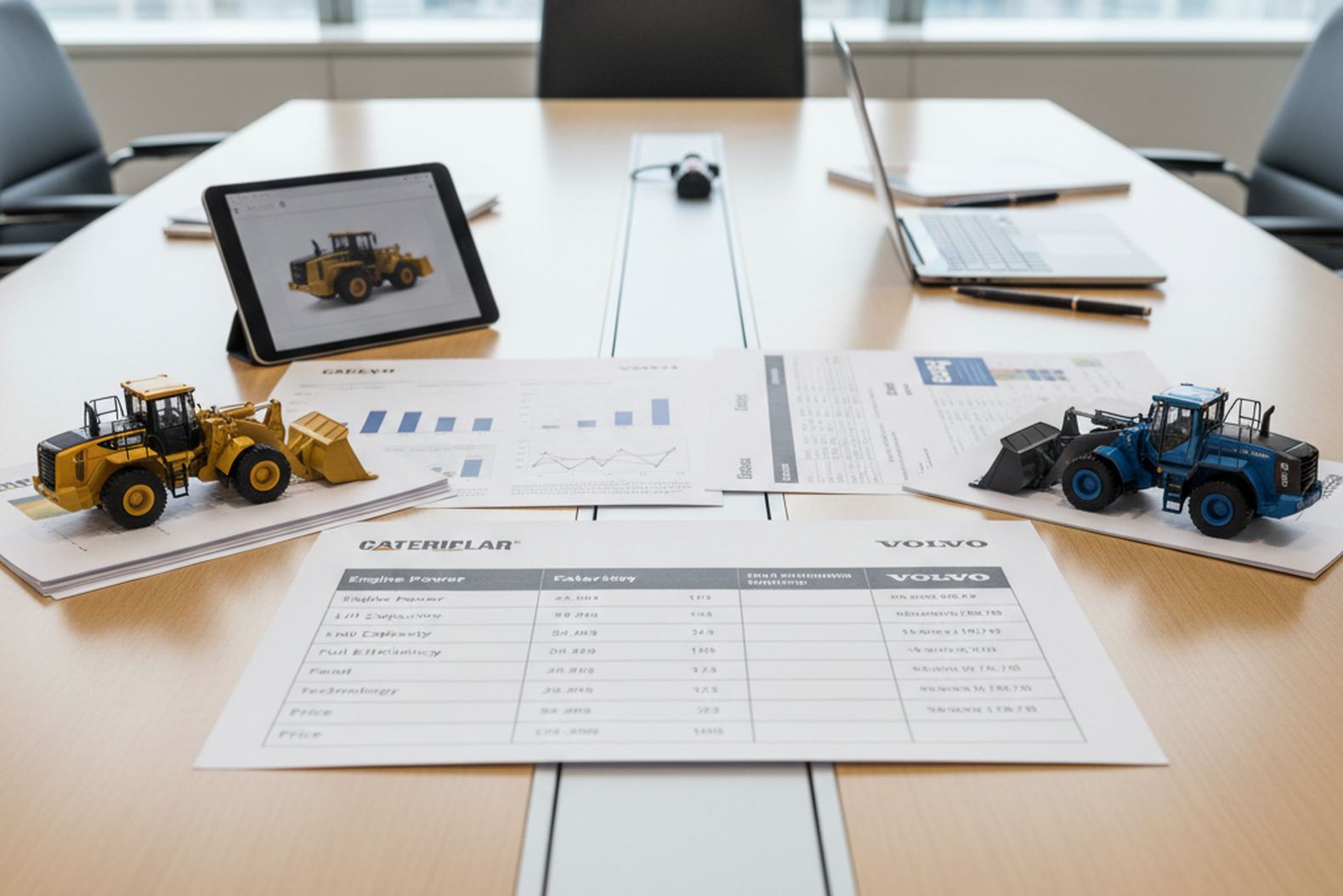 Сравнение техники Caterpillar и Volvo с документами на столе