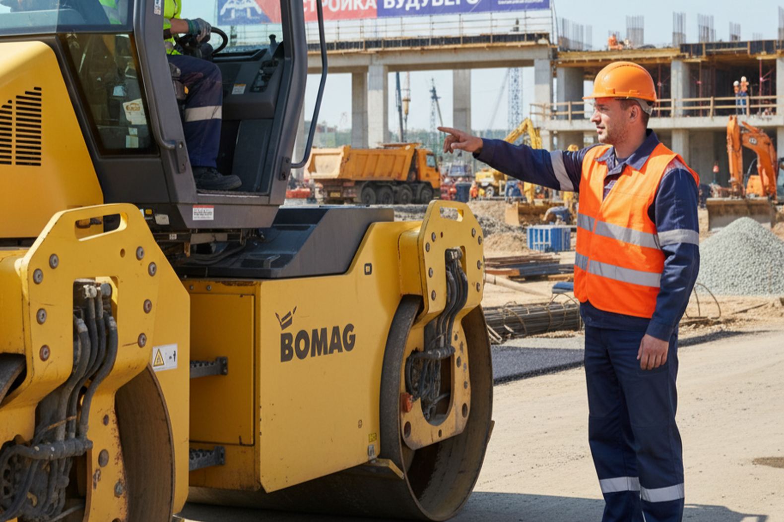 Обсуждение на строительной площадке у нового дорожного катка Bomag