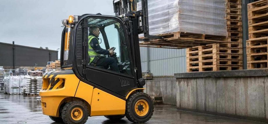 Дизельный вилочный погрузчик JCB на складской площадке