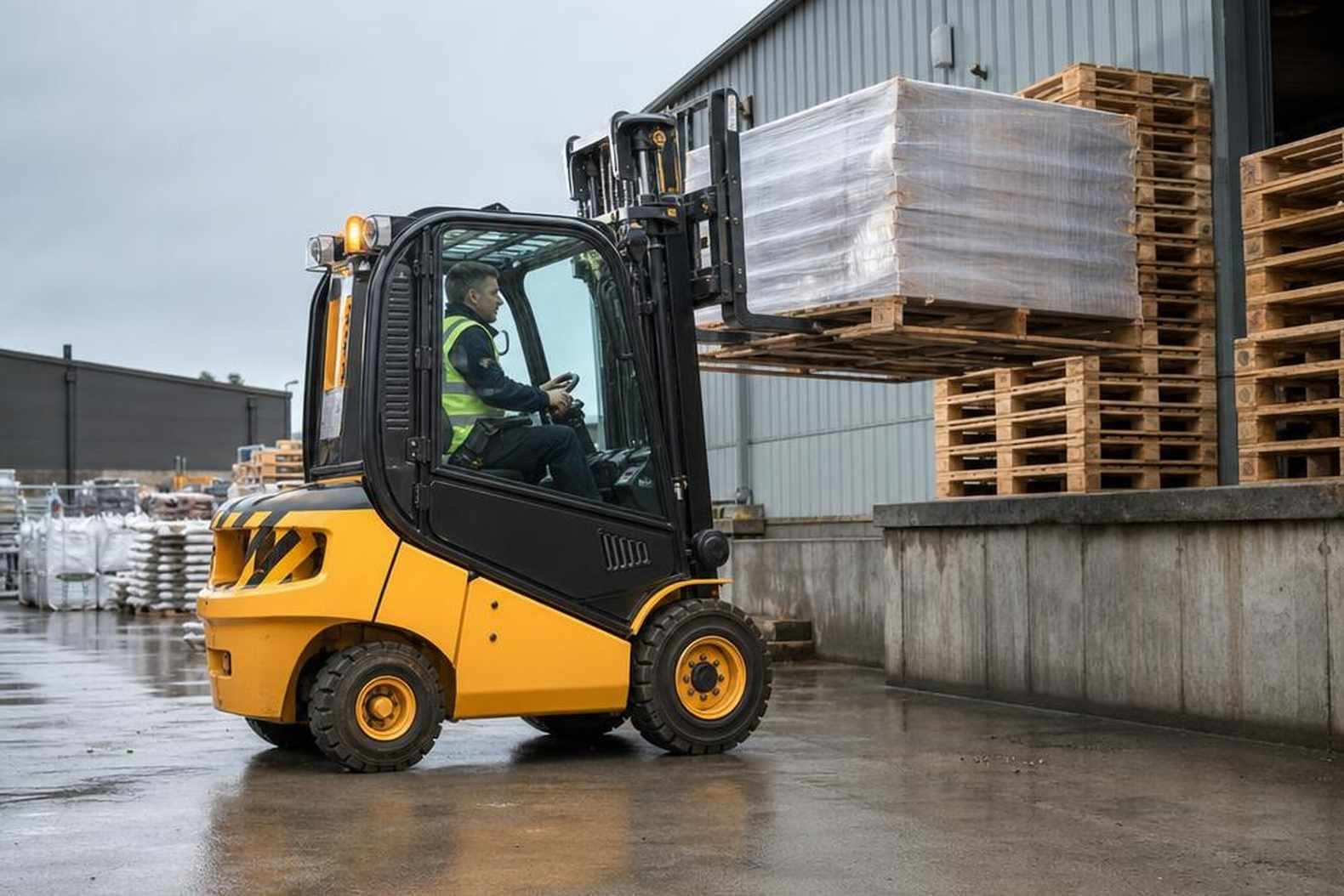 Дизельный вилочный погрузчик JCB на складской площадке