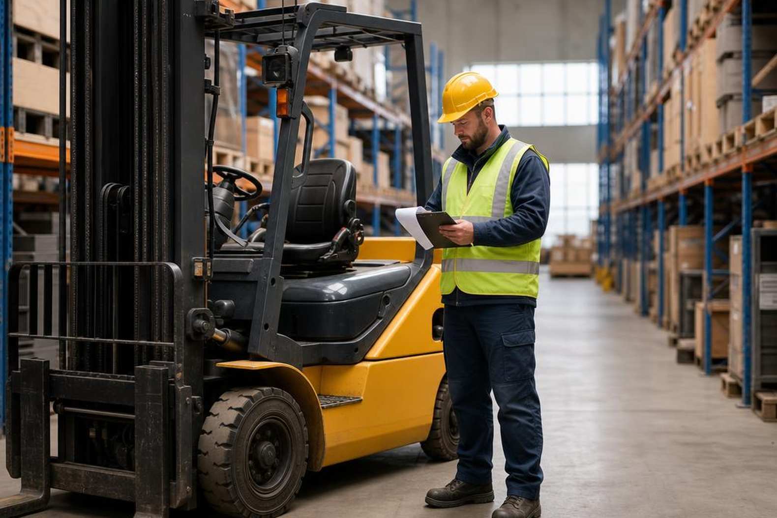 Оператор проверяет документы у дизельного погрузчика Komatsu