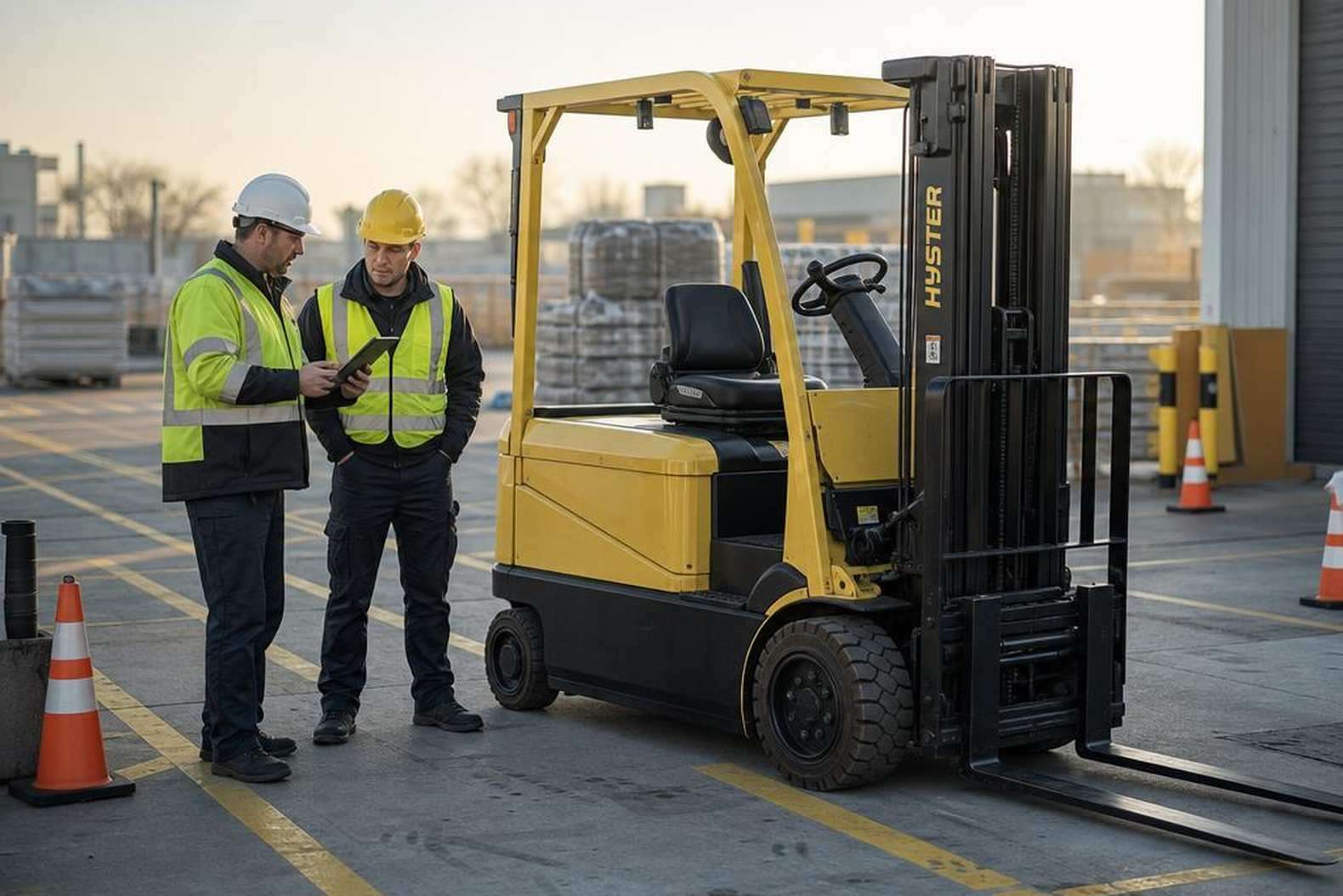 Электропогрузчик Hyster проходит инструктаж на площадке склада