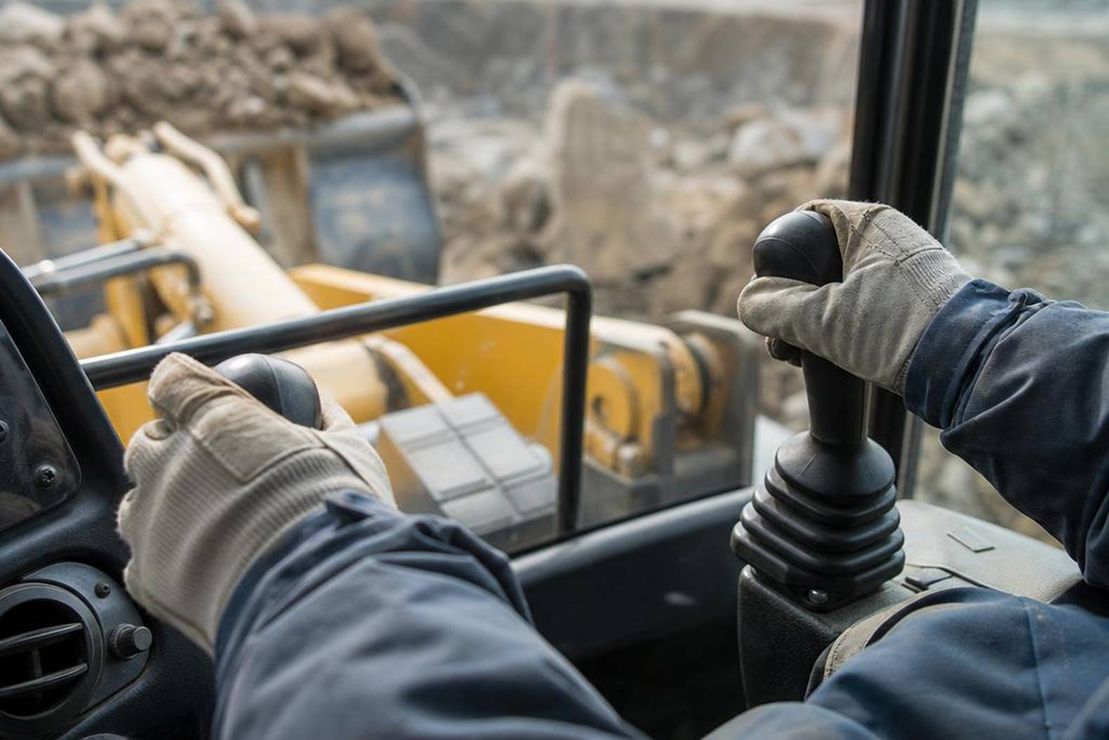 руки оператора в перчатках на рычагах погрузчика Komatsu