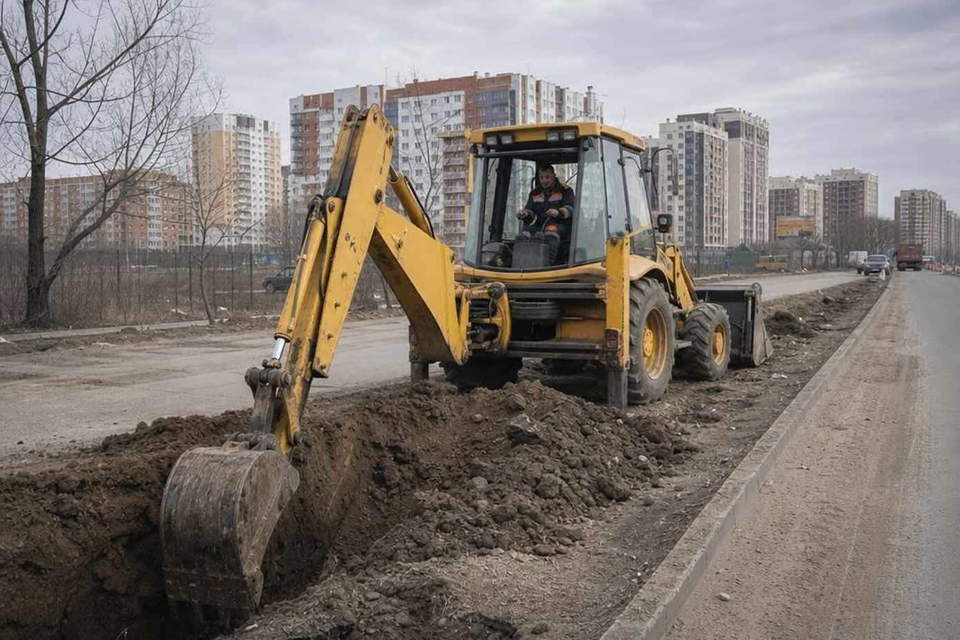 Б/у экскаватор-погрузчик копает траншею на строительной площадке