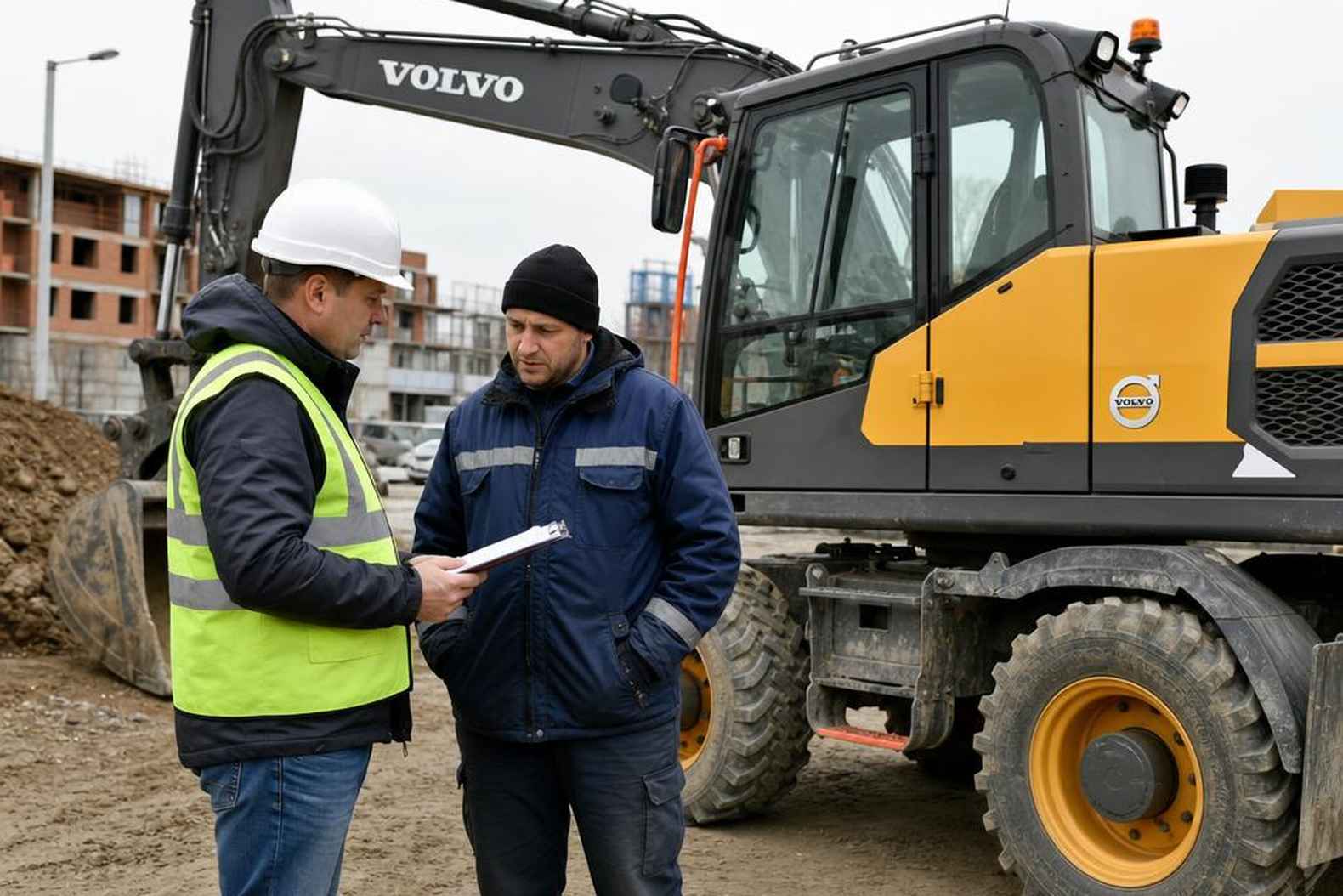 Инспектор проверяет документы оператора экскаватора