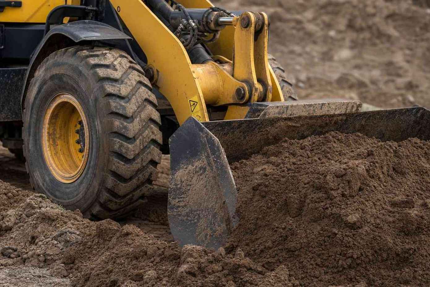 фронтальный погрузчик Komatsu загружает грунт ковшом