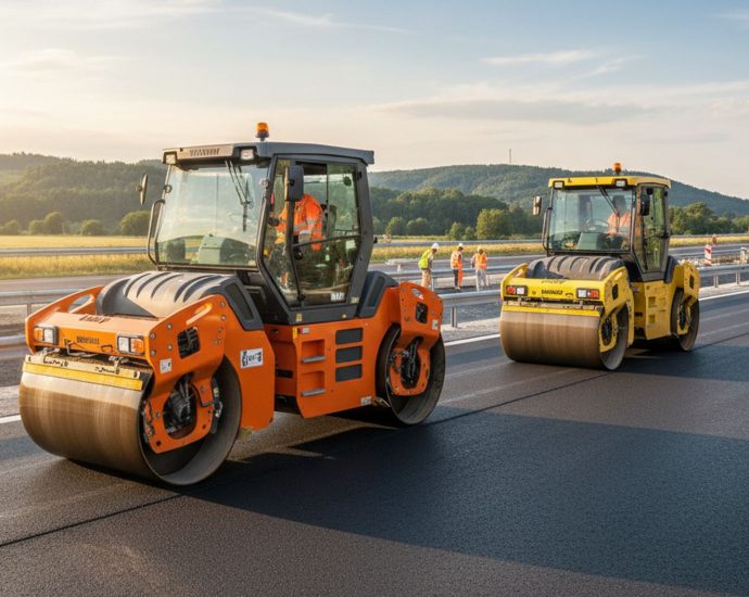Дорожные катки Hamm и Bomag на асфальтировании нового шоссе