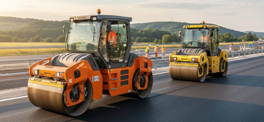 Дорожные катки Hamm и Bomag на асфальтировании нового шоссе