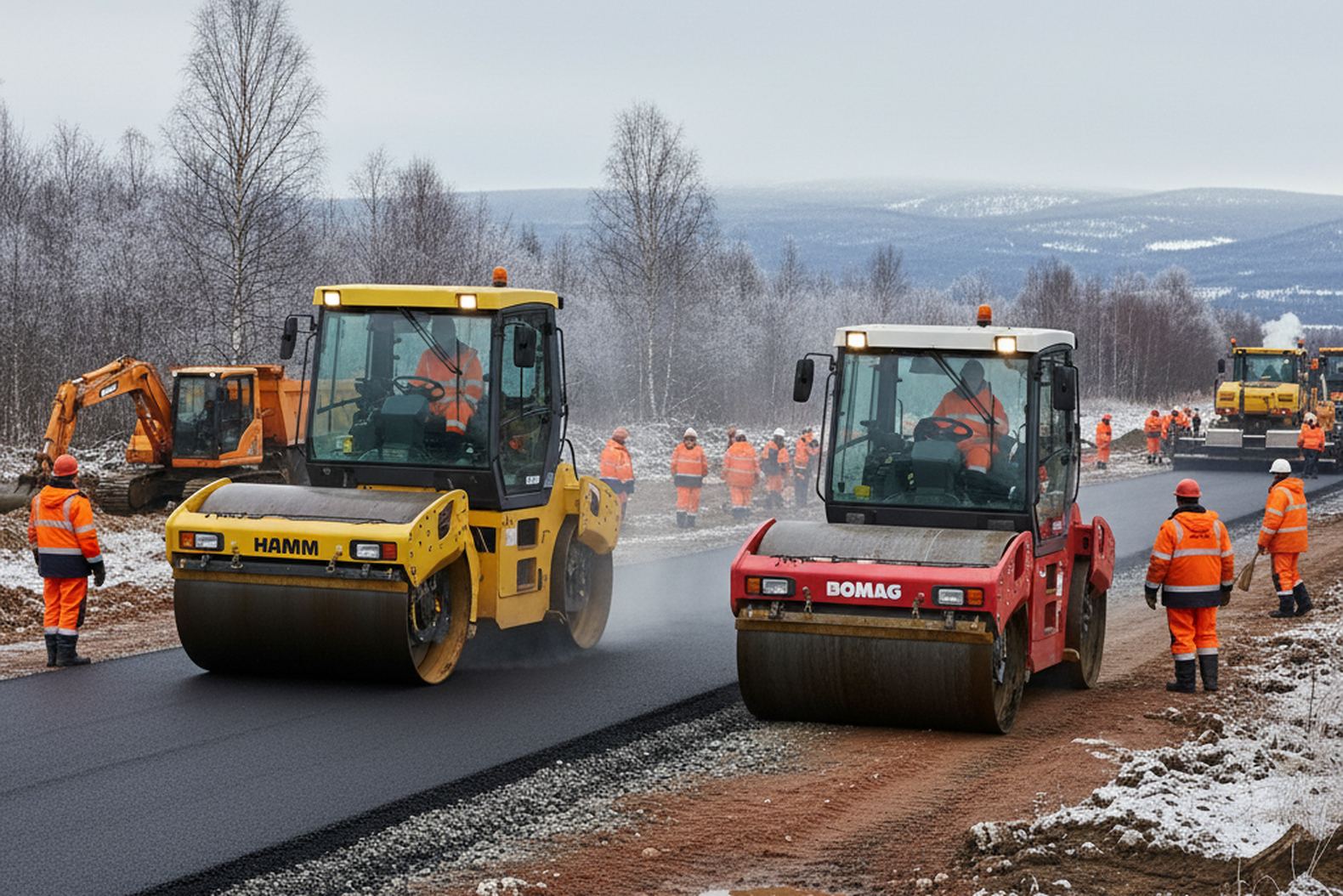 Дорожные катки в действии на строительстве трассы в осенних российских условиях