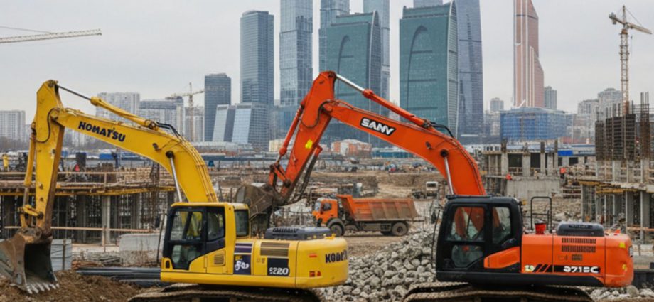 Панорамный вид строительной площадки с японским и китайским экскаваторами в работе