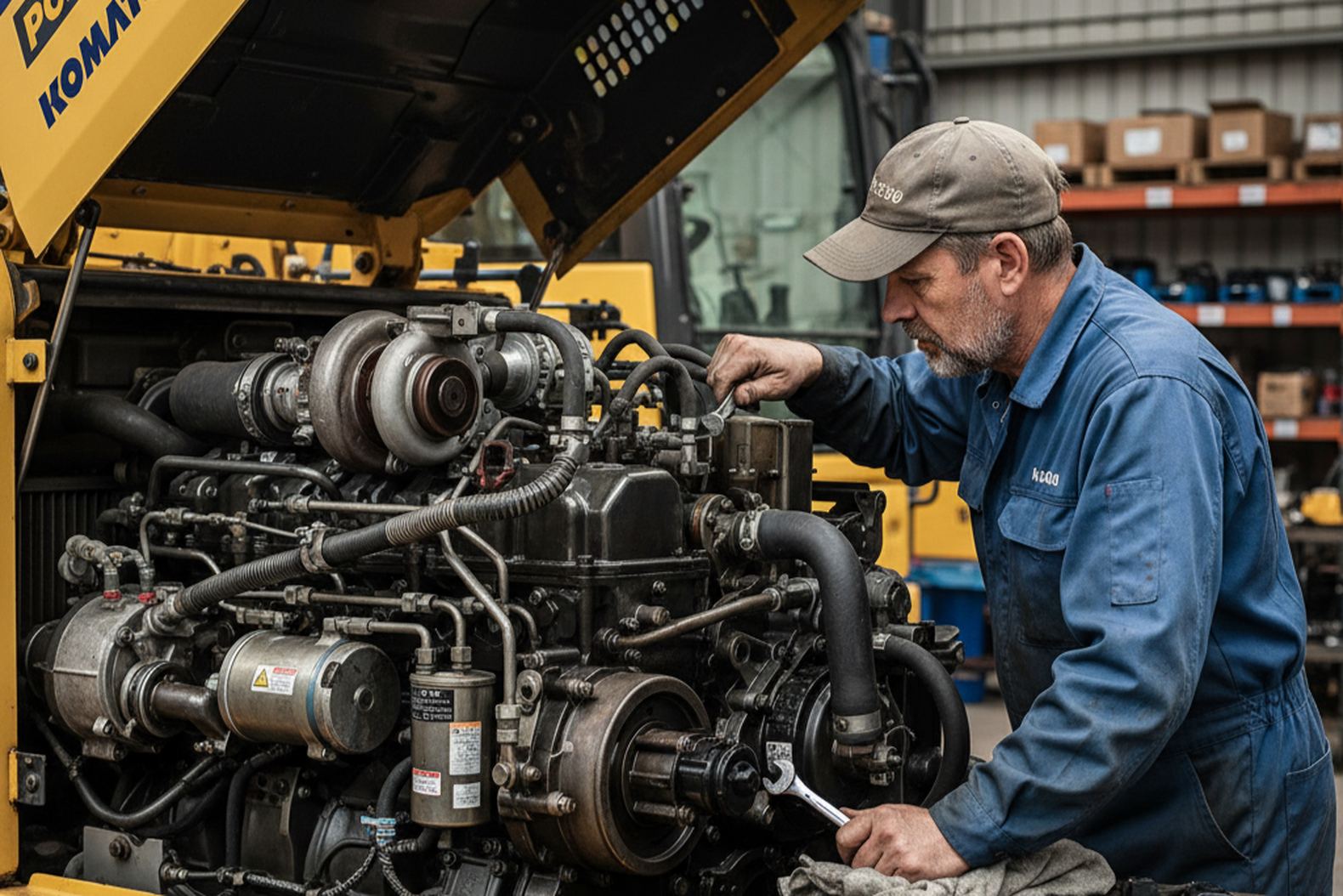 Механик осматривает двигатель японского экскаватора на ремонте