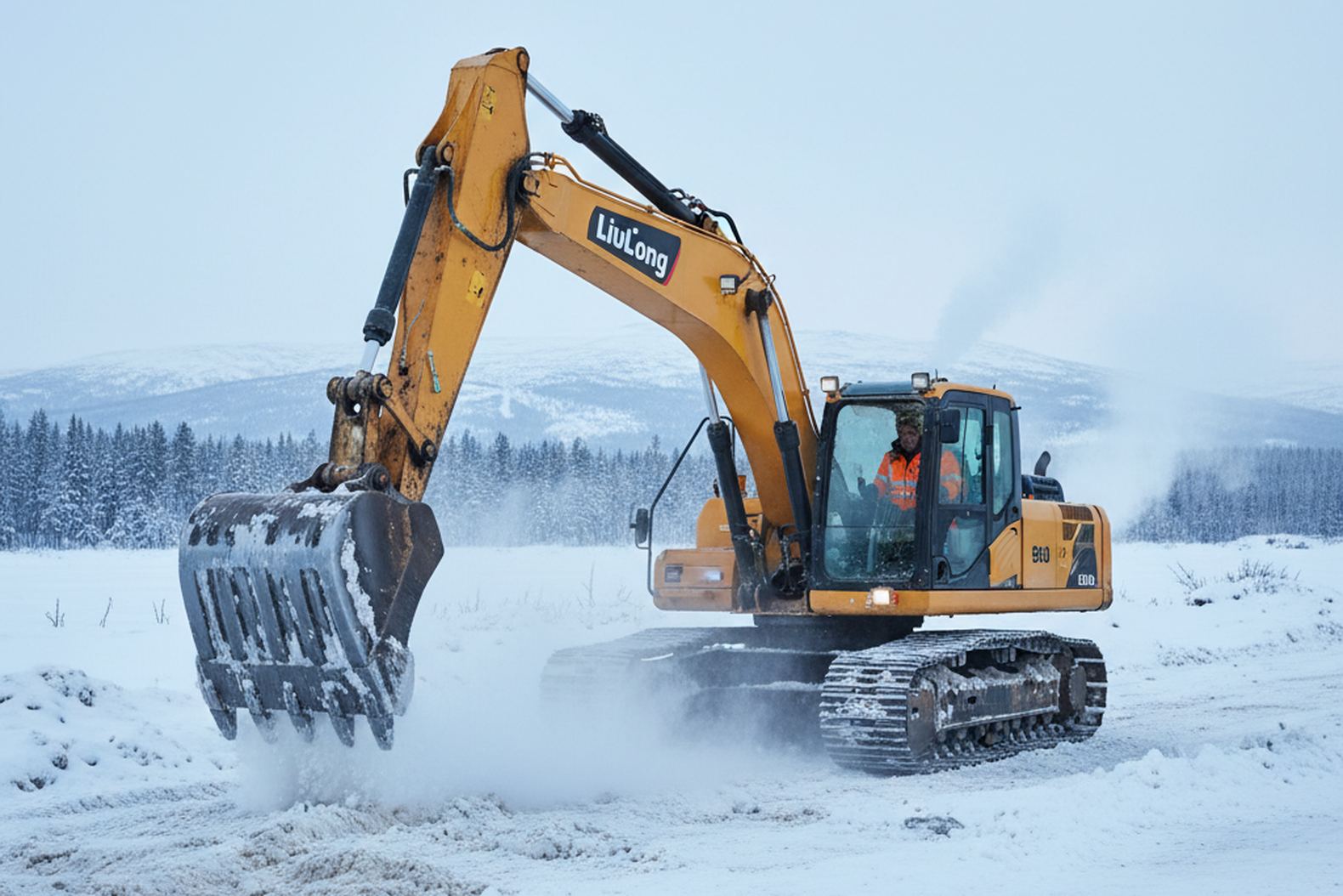 Китайский экскаватор работает на зимней дороге в суровых российских условиях