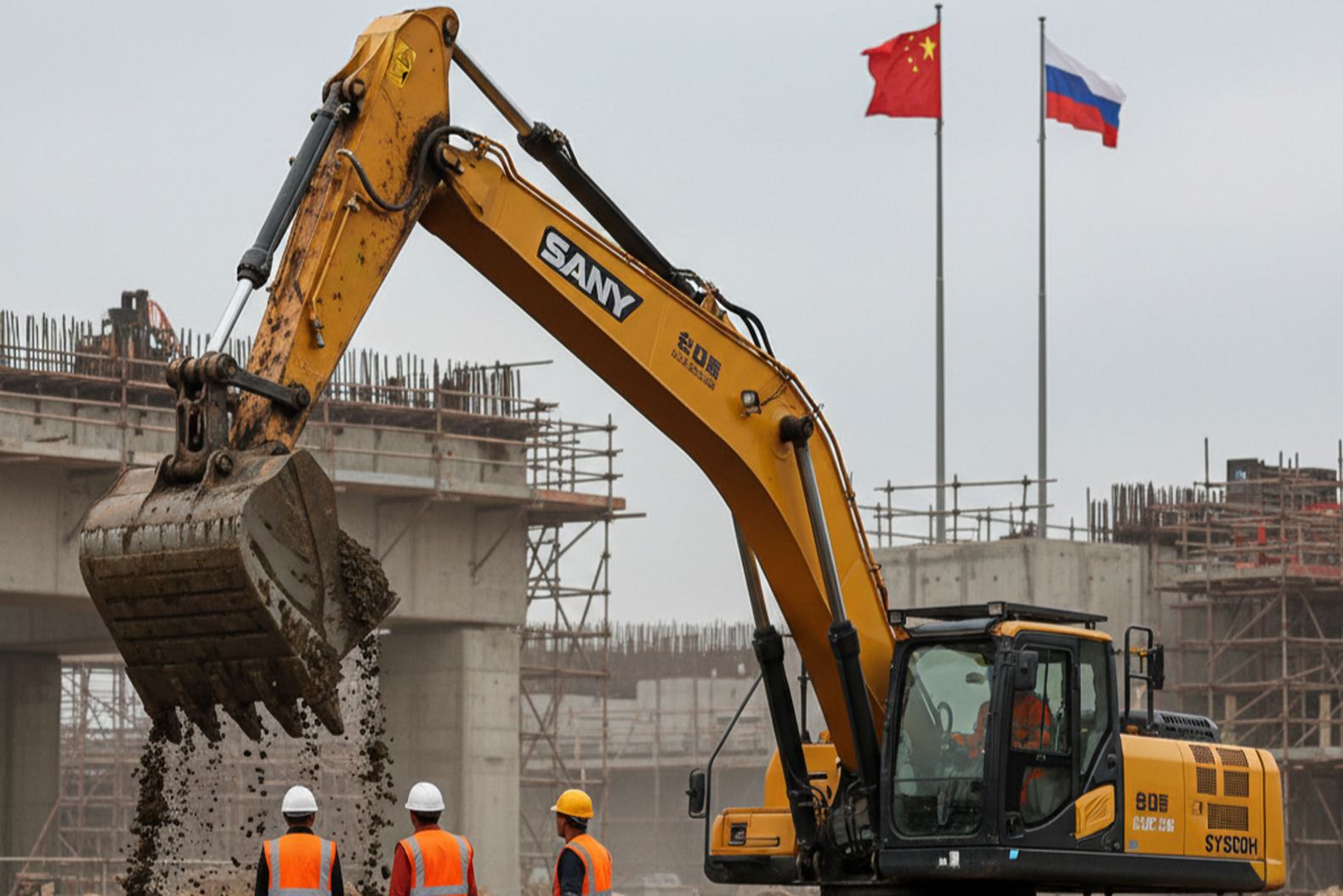 Китайский экскаватор работает на крупном инфраструктурном проекте в России, строительные рабочие наблюдают