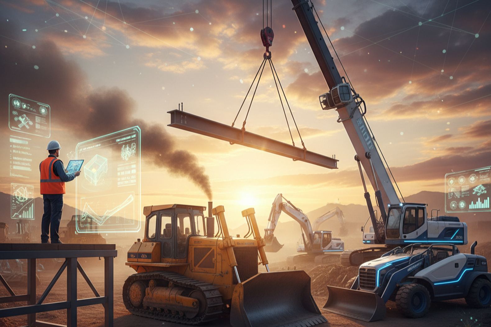 Строительная площадка будущего, современные и электрические китайские машины на закате, инновационные технологии