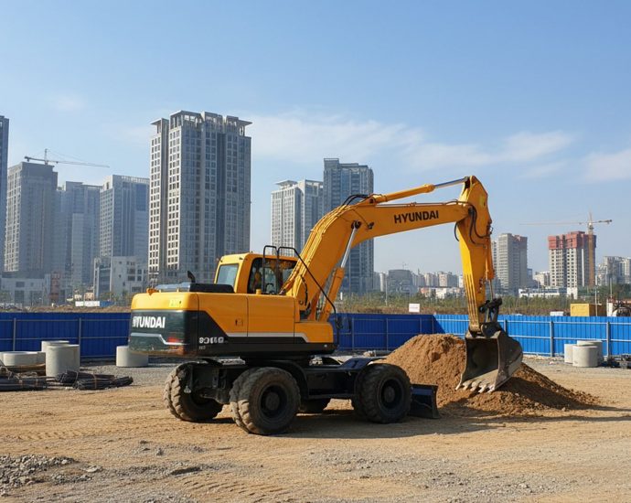 Горизонтальный экскаватор Hyundai R210W-9S на строительной площадке города