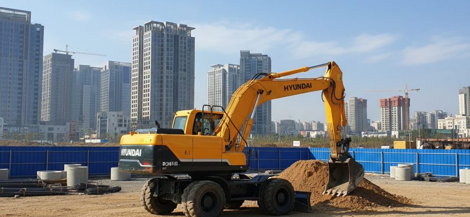 Горизонтальный экскаватор Hyundai R210W-9S на строительной площадке города