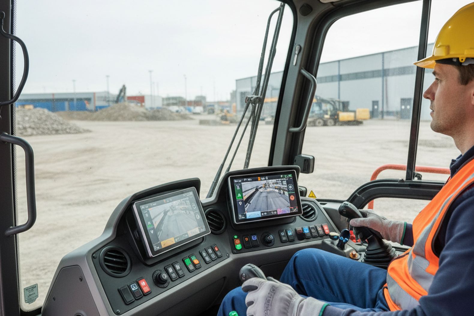 Кабина экскаватора Volvo EW160E, оператор за пультом управления