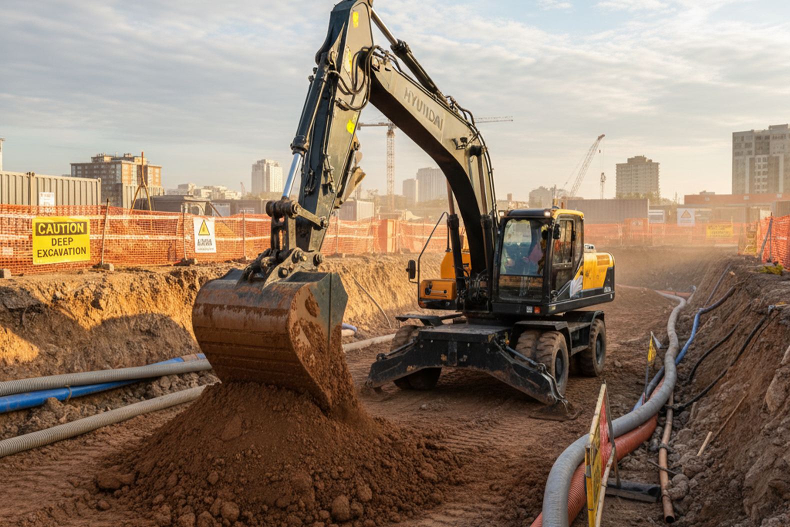 Hyundai R210W-9S в процессе глубоких земляных работ