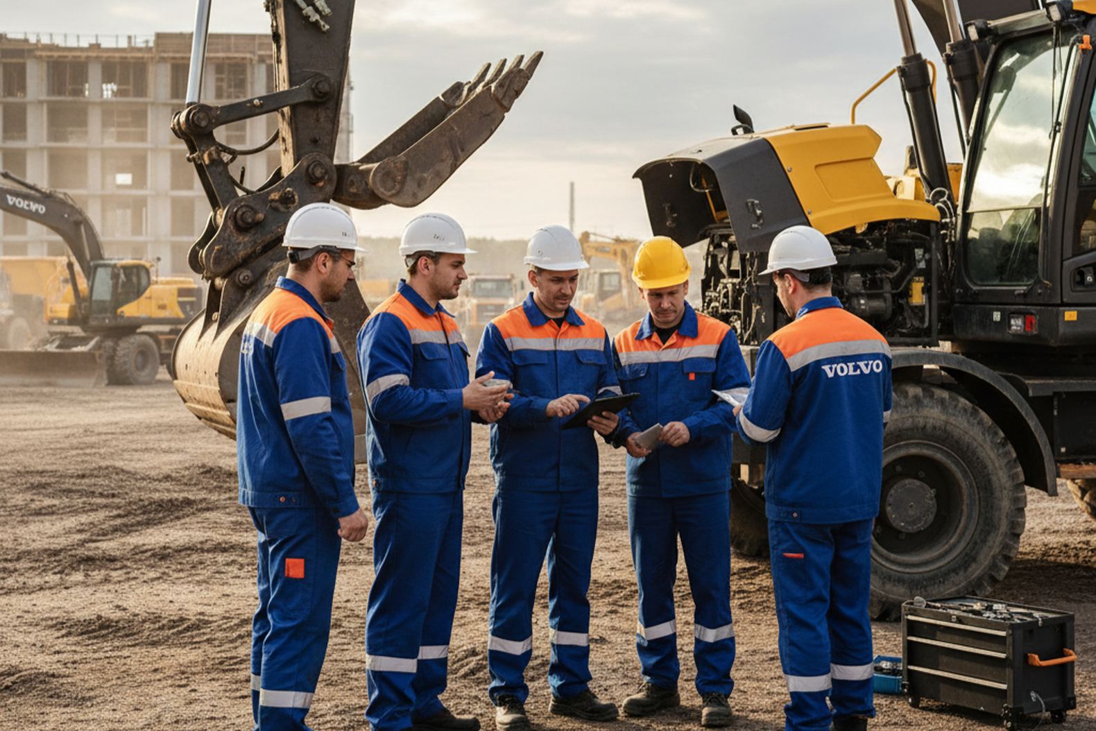 Механики и водители обсуждают работу Volvo EW160E на стройке