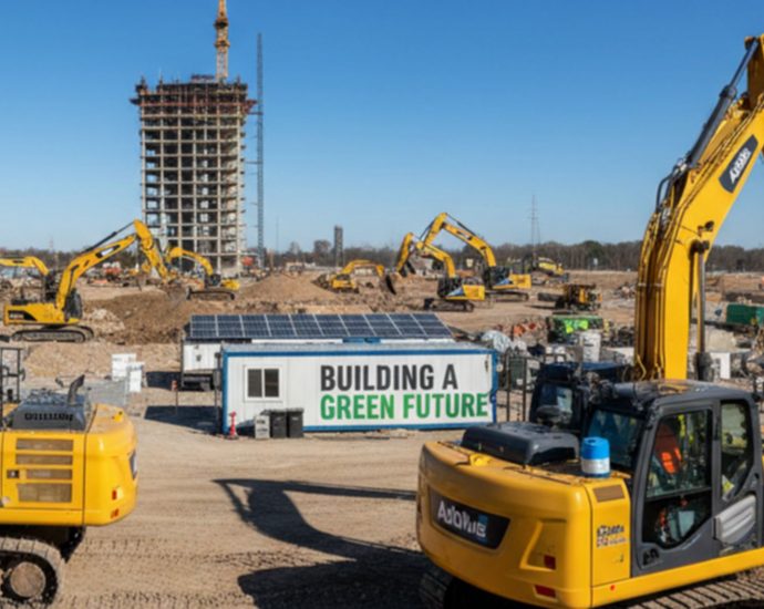 Строительная техника с современными экологическими системами на фоне чистой строительной площадки