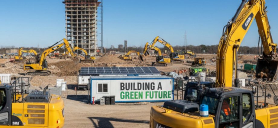 Строительная техника с современными экологическими системами на фоне чистой строительной площадки