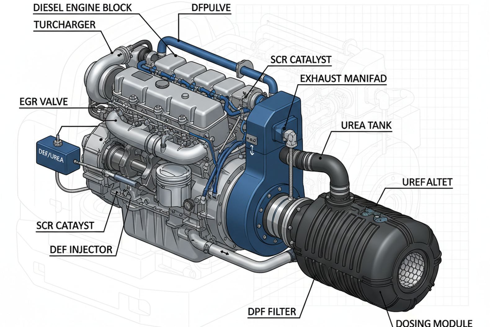 Двигатель спецтехники с интегрированной системой снижения выбросов и сажевым фильтром