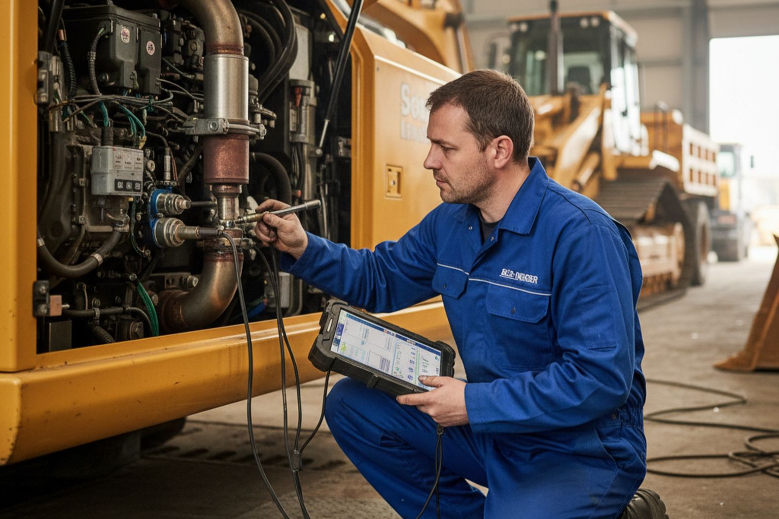 Механик проводит диагностику датчиков выбросов на современном экскаваторе