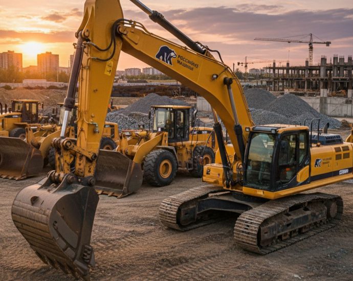 Современная строительная техника на фоне стройплощадки