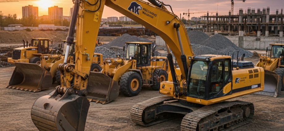 Современная строительная техника на фоне стройплощадки