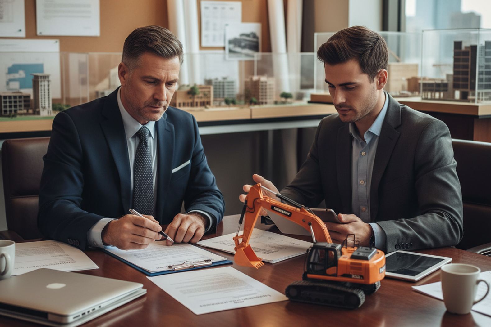 Владелец и финансовый консультант обсуждают варианты покупки спецтехники