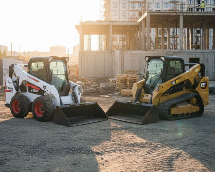 Мини-погрузчики Bobcat S770 и Caterpillar 259D3 на строительной площадке, рассвет