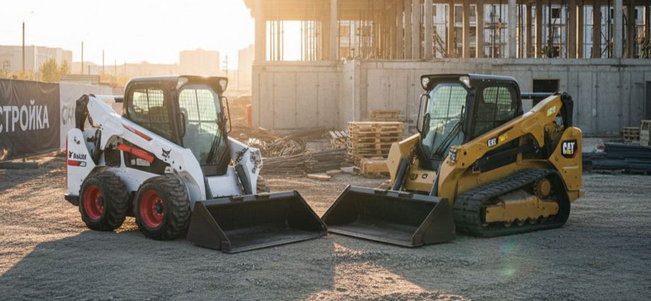 Мини-погрузчики Bobcat S770 и Caterpillar 259D3 на строительной площадке, рассвет