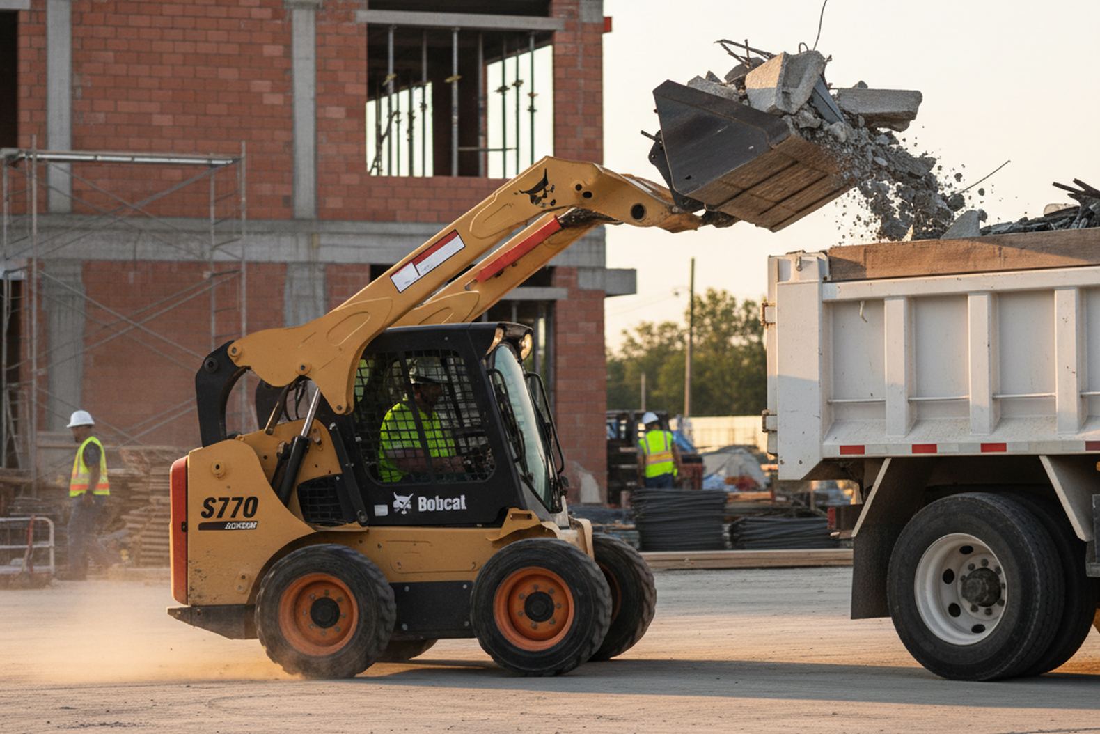 Bobcat S770 работает на городской стройке, загрузка мусора