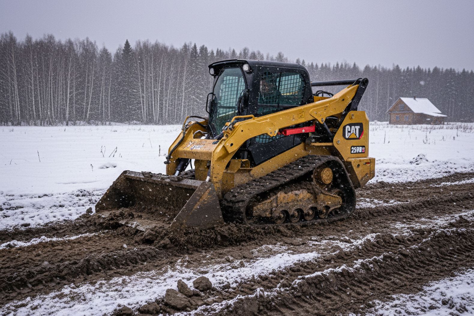 Caterpillar 259D3 на мягком грунте или снегу в российской глубинке