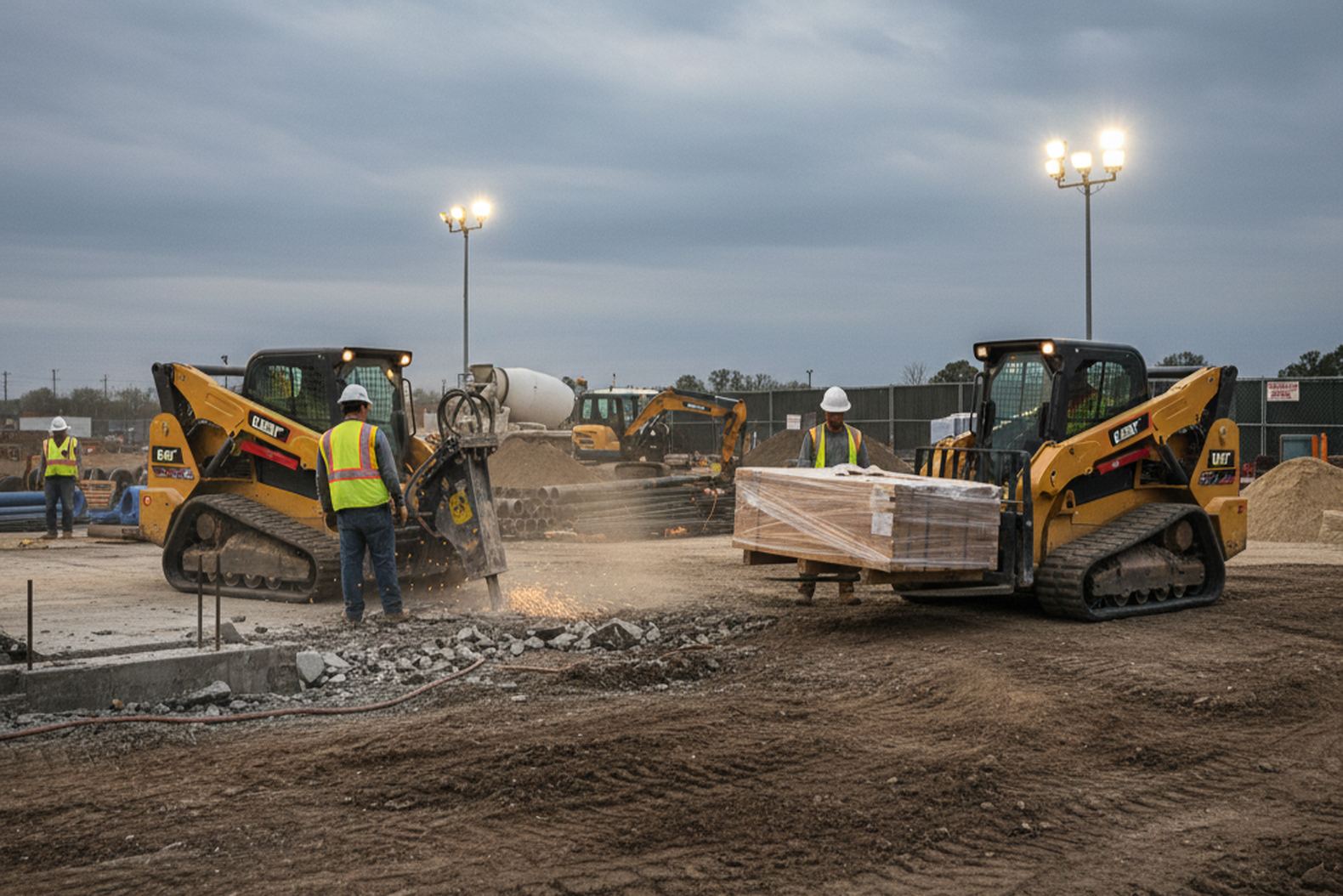 Bobcat S770 и Caterpillar 259D3 с навесным оборудованием на многозадачной стройке
