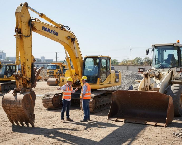 Осмотр подержанной строительной спецтехники на строительной площадке