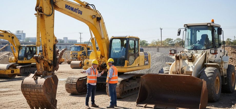 Осмотр подержанной строительной спецтехники на строительной площадке