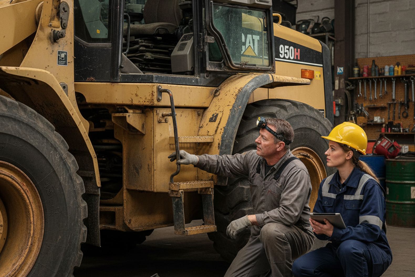 Проверка ходовой части фронтального погрузчика механиком