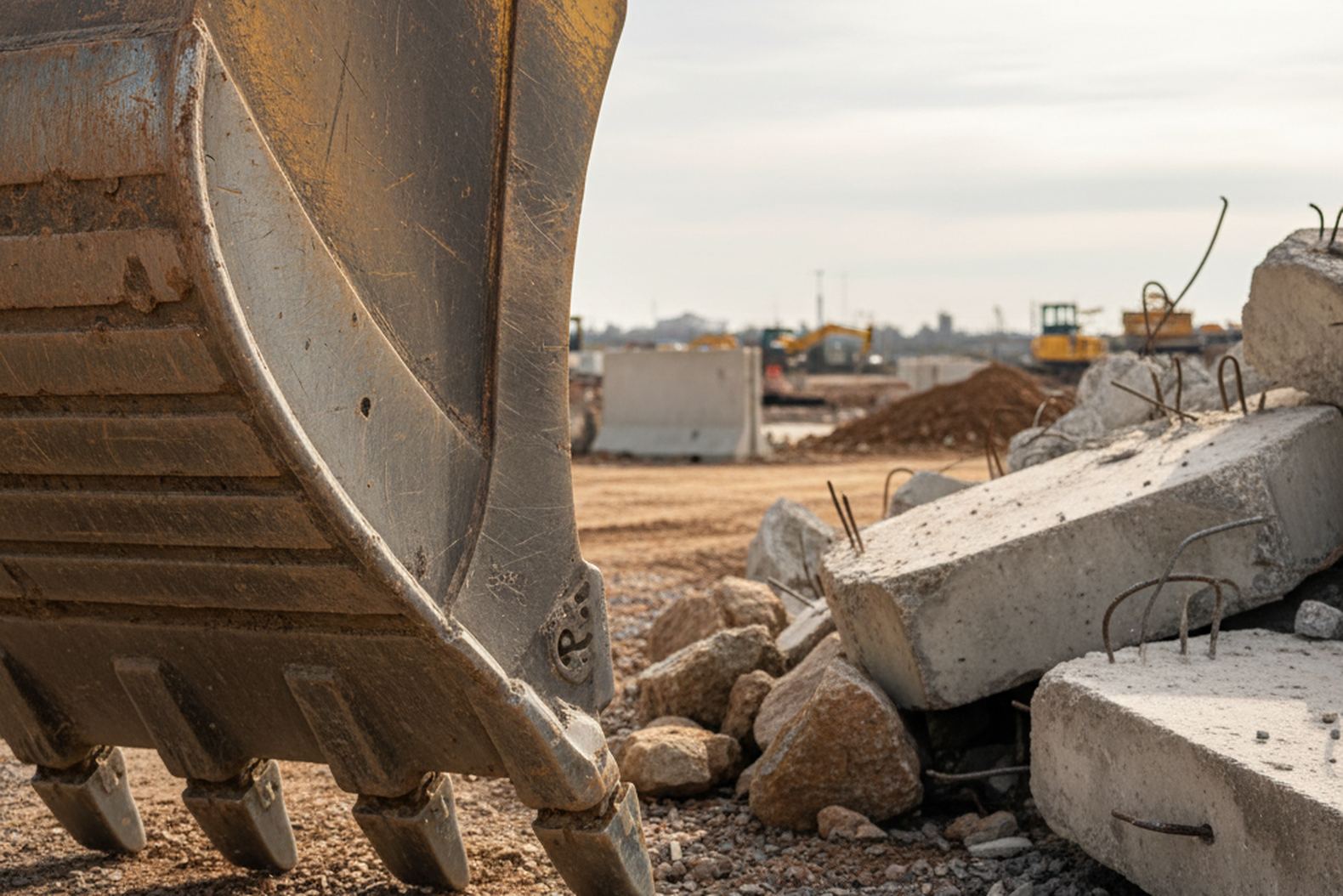 Изношенный ковш экскаватора на строительном объекте