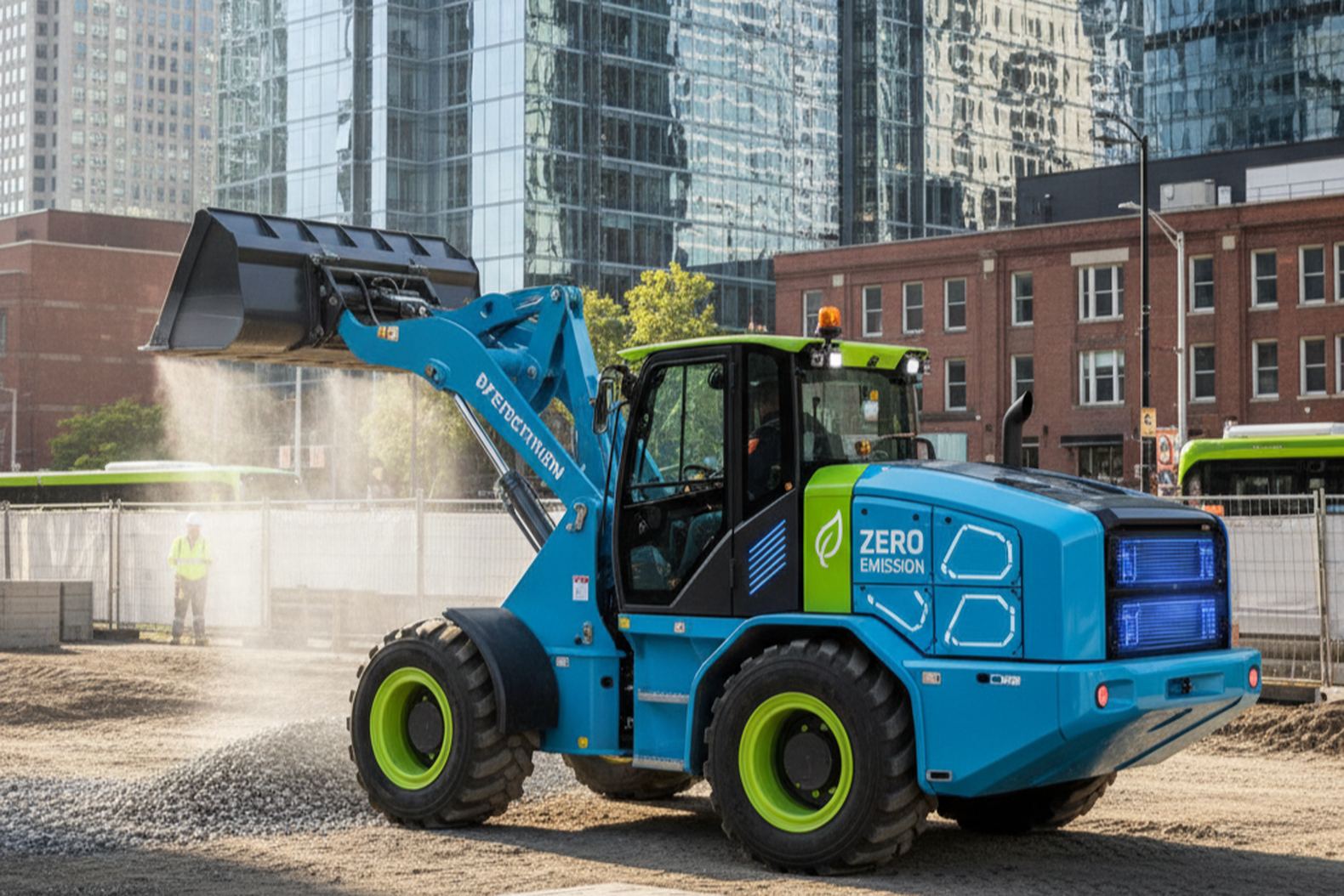Электрический колесный погрузчик на городской стройке