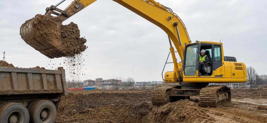 экскаватор Komatsu грузит ковш грунтом на объекте