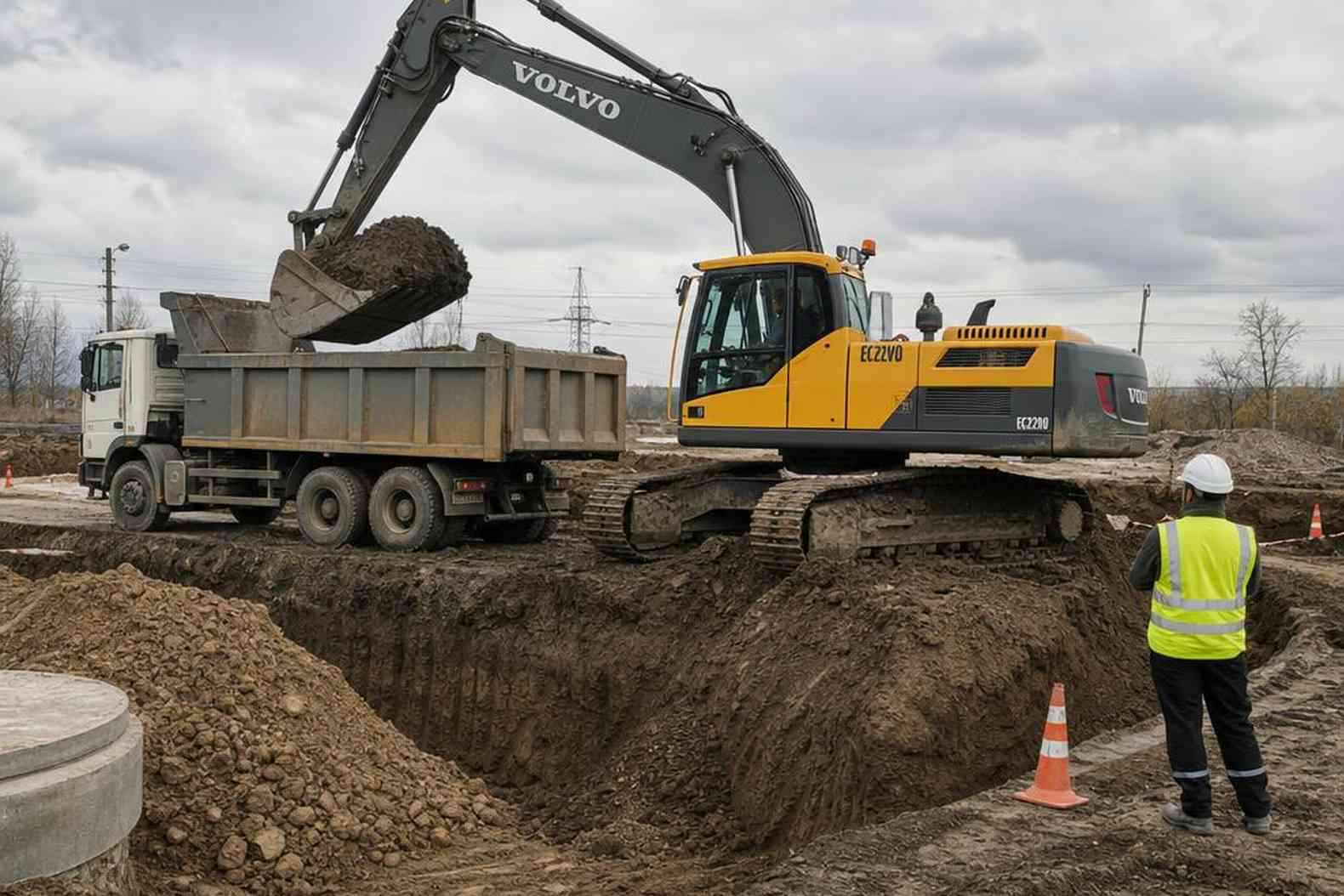 экскаватор Volvo копает траншею рядом с самосвалом
