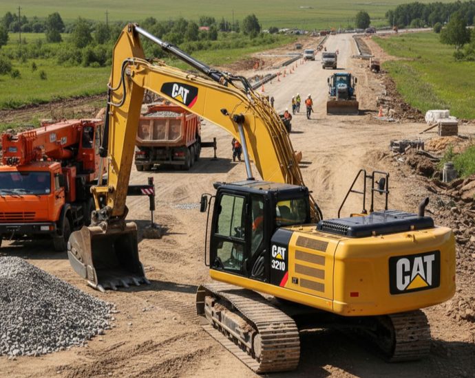 Стройплощадка с гусеничным экскаватором CAT 320 в работе