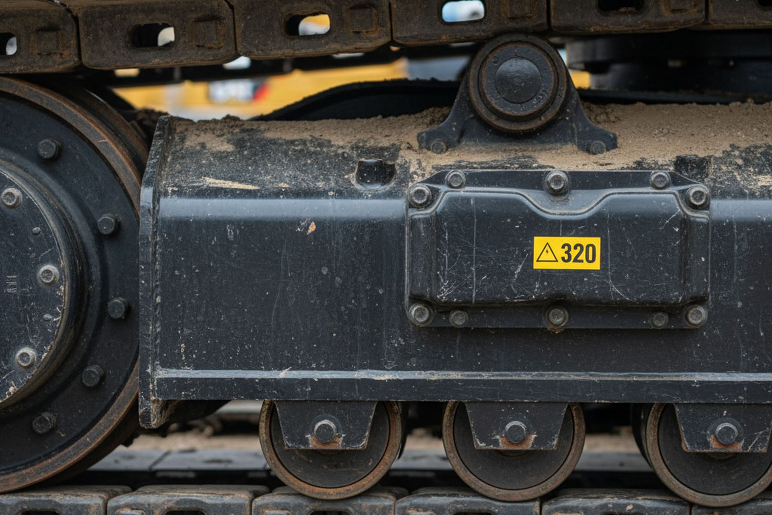 Детальный вид ходовой части экскаватора CAT 320 — траки, ролики, редуктор